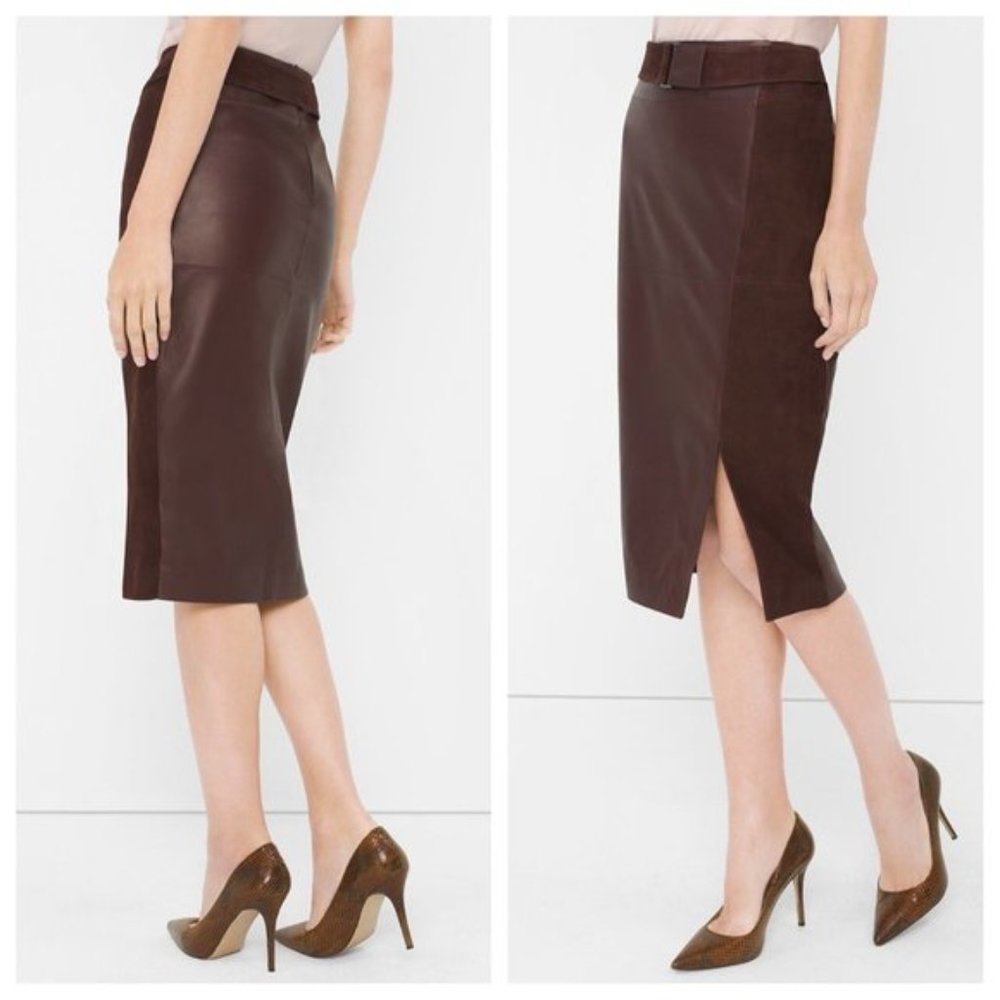 NWT WHBM Leather and Suede Deep Claret Belted Pencil Skirt Size 6